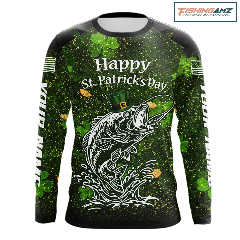 Custom St Patrick's Day American Flag Bass Long Sleeve Fishing Shirts, Patriotric Bass Fishing Jerseys NBT381