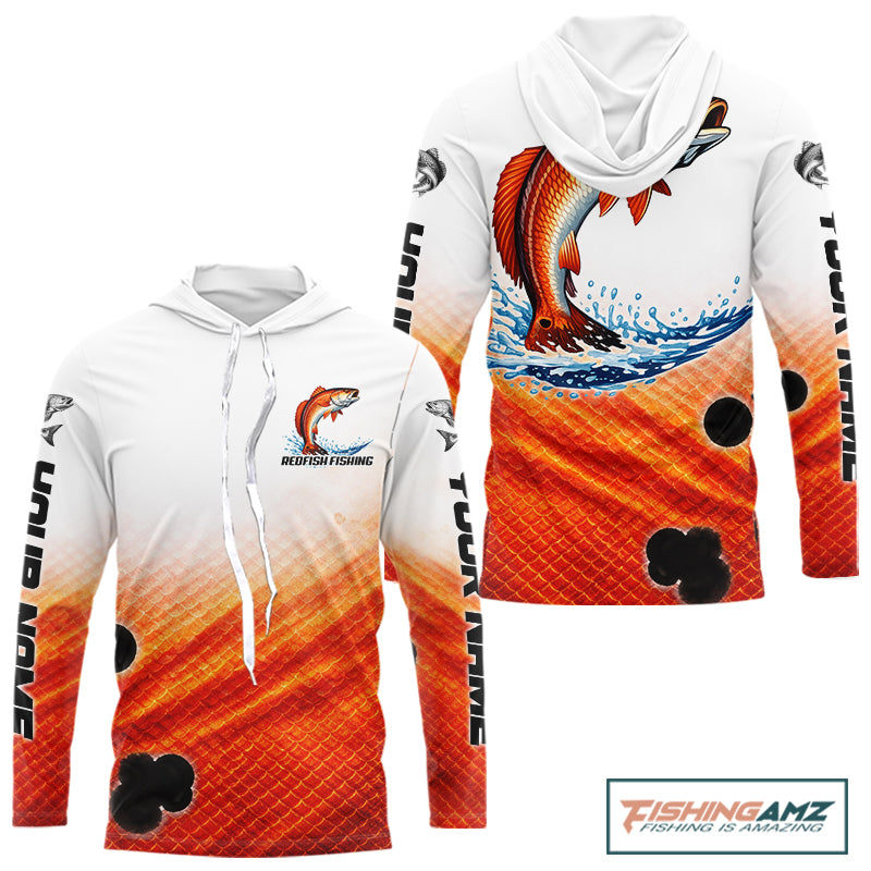 Redfish Fishing Scales Custom Name UV Protection Long Sleeve Hooded Fishing Shirts NBT514