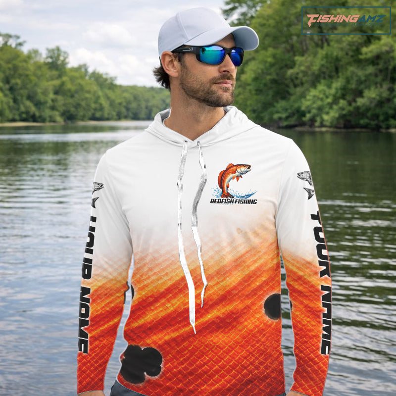 Redfish Fishing Scales Custom Name UV Protection Long Sleeve Hooded Fishing Shirts NBT514