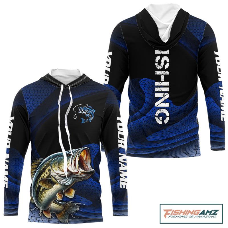 Front view of personalized camo bass fishing long sleeve hooded UPF protection with personalized name on sleeves 