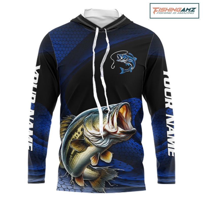 Front view of personalized camo bass fishing long sleeve hooded UPF protection