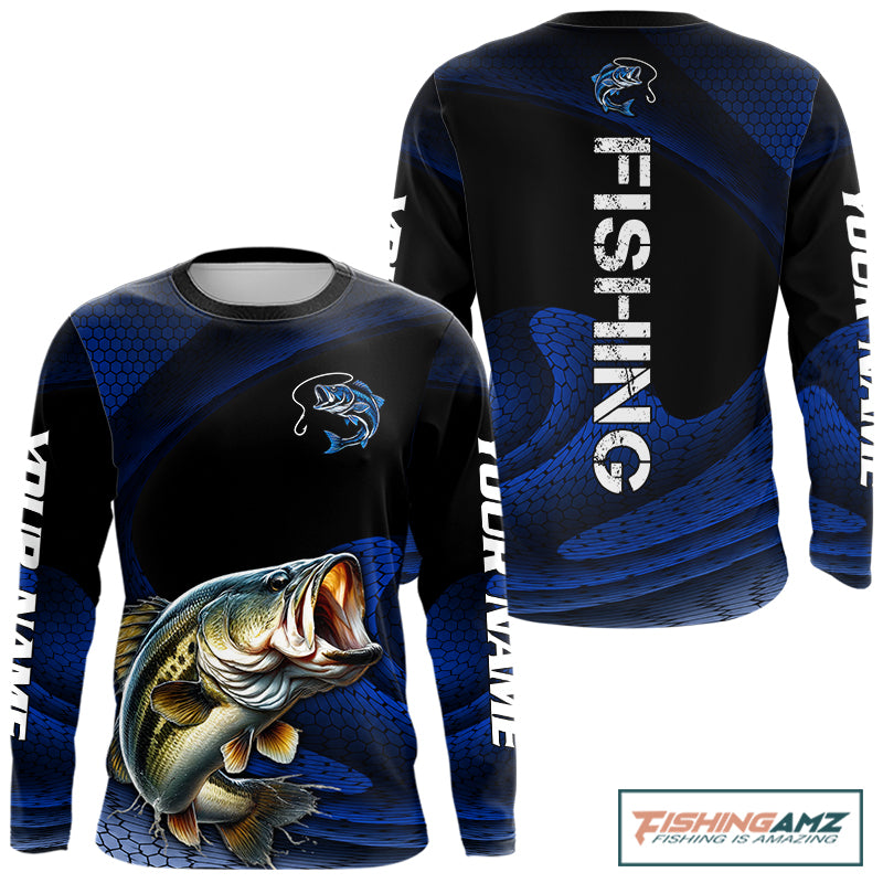 Front and back view of personalized camo bass fishing long sleeve with personalized name 