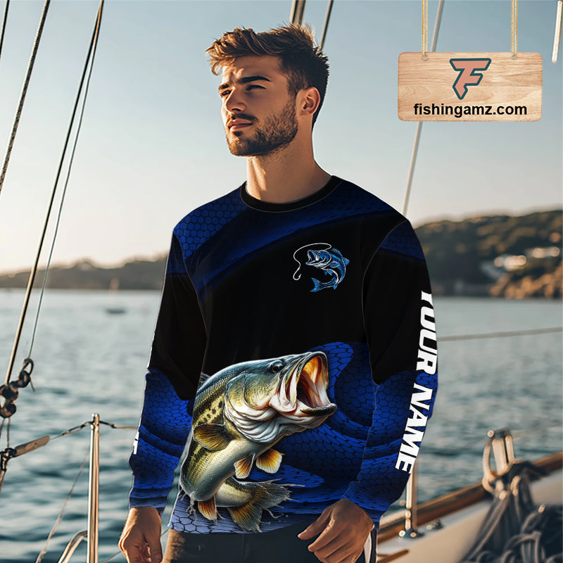 Angler wearing personalized camo bass fishing shirt long sleeve 