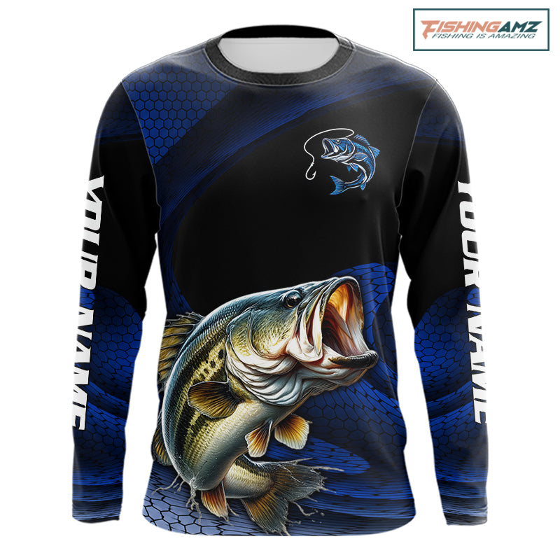 Front view of personalized camo bass fishing long sleeve with personalized name 