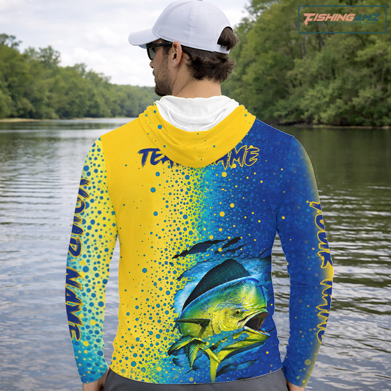Angler wearing custom Mahi Mahi hooded long sleeve fishing shirt 