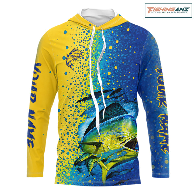 Front view of custom Mahi Mahi saltwater long sleeve hooded fishing shirt UV protection.