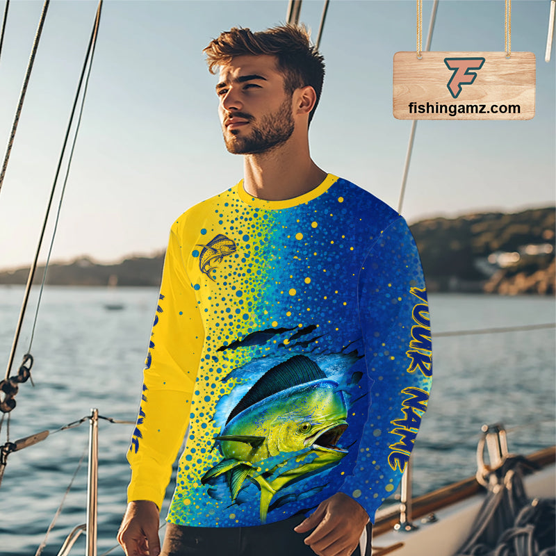 Front and back view of custom Mahi Mahi saltwater fishing shirt long sleeve with personalized name 