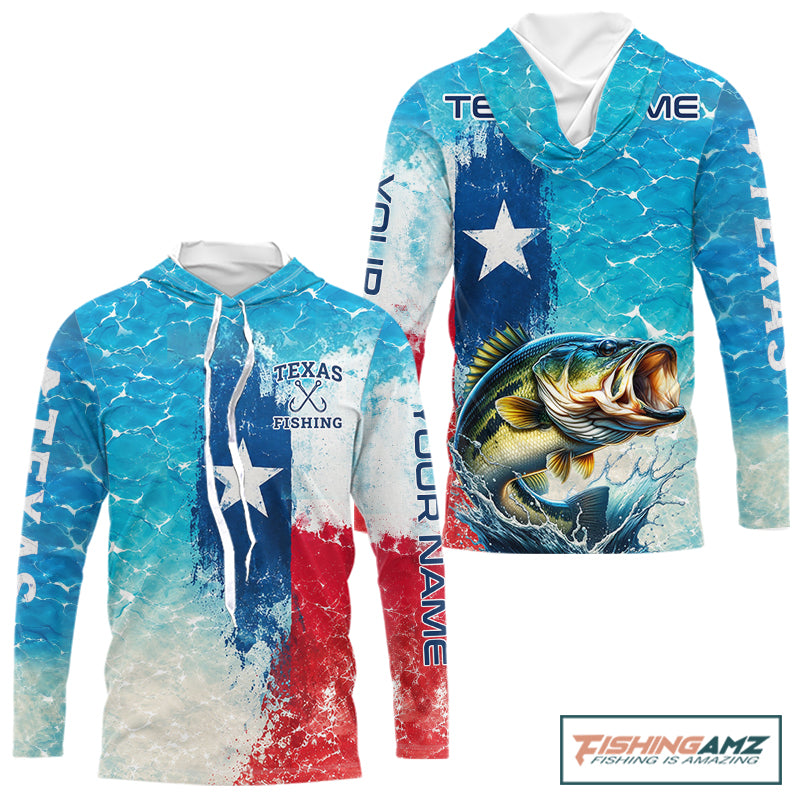 Front and back view of Texas Bass Fishing ocean camo hooded shirt with Texas flag design