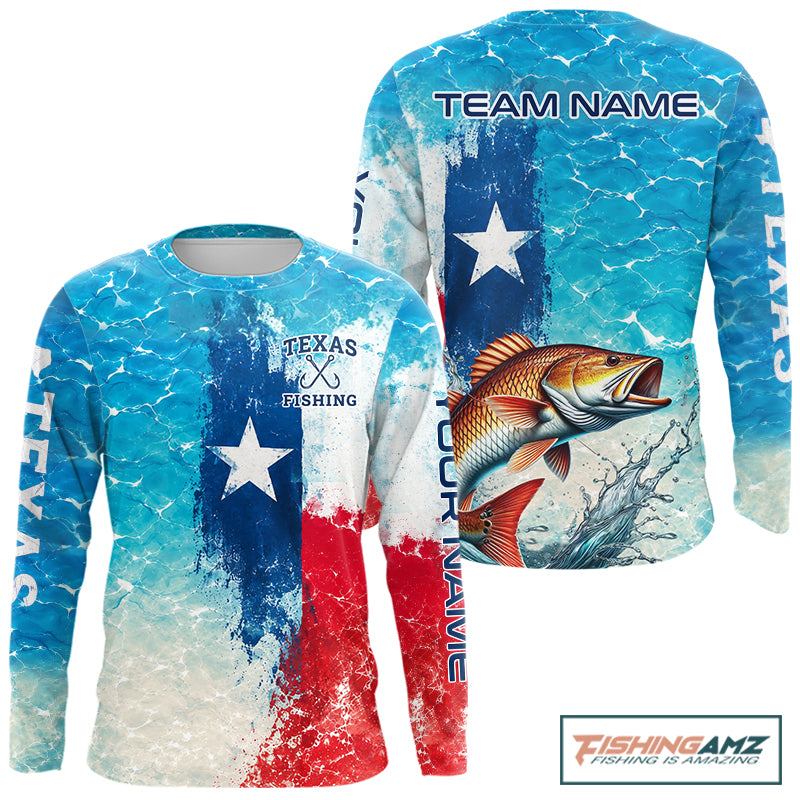 Front and back view of Texas Redfish Fishing Shirt Long Sleeve ocean camo with custom name on left sleeve and team name on the back 