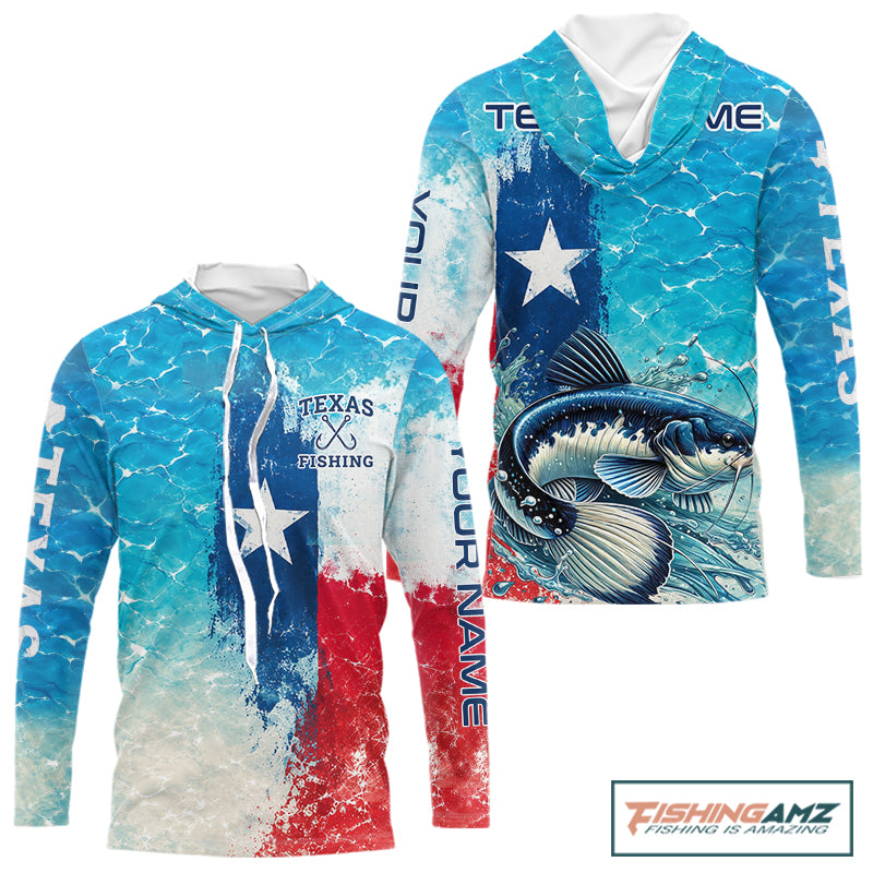 Front and back view of Texas Catfish Long Sleeve Hooded Fishing Shirt