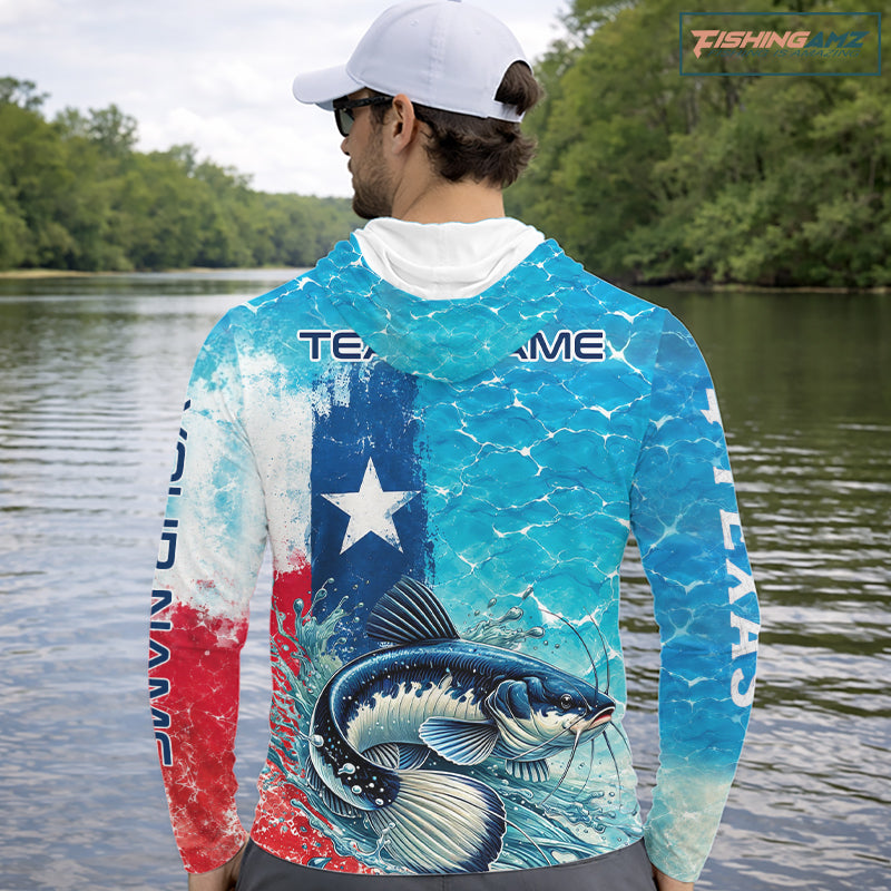 Angler wearing Texas Catfish Long Sleeve Hooded Fishing Shirt with personalized name