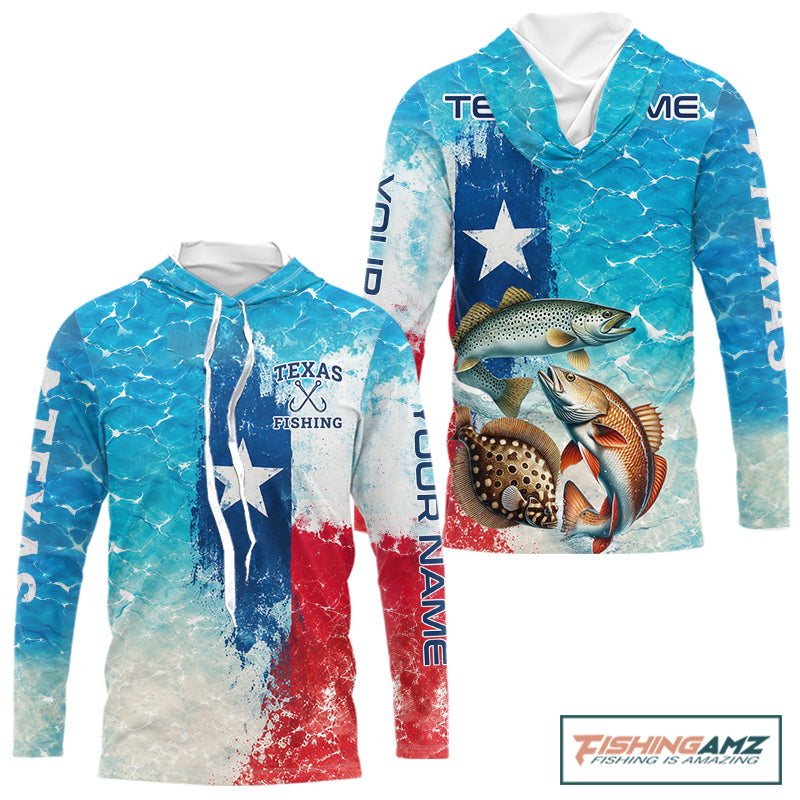 Front view of Texas Bass Fishing Shirt Long Sleeve Ocean Camo with personalized name