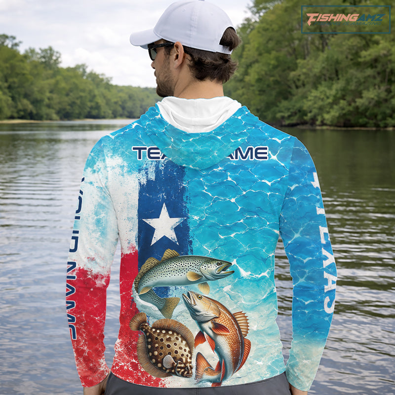 Angler wearing Texas Slam Long Sleeve Hooded Fishing Shirt with personalized name