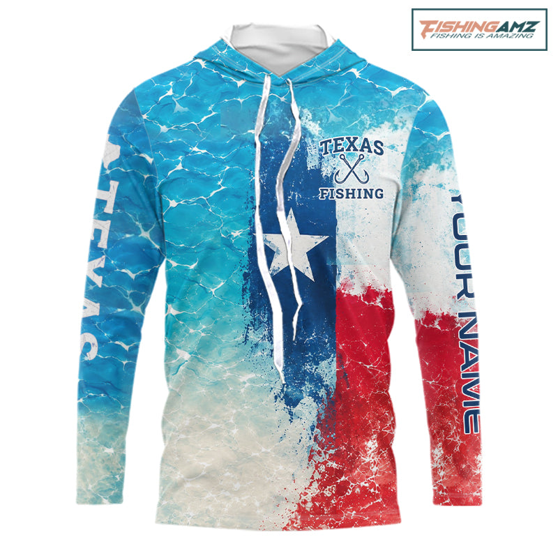 Texas Slam Fishing Texas Flag, Blue Sea Wave Ocean Camo Texas  Slam Long Sleeve Hooded Fishing Shirts NBT869