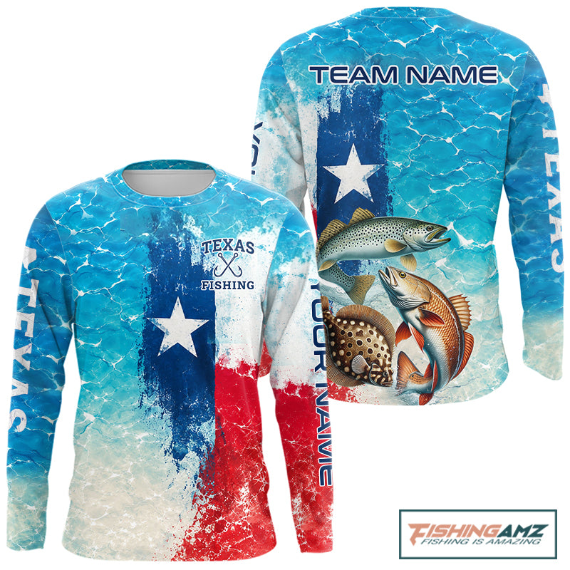 Front view of Texas Slam Fishing Shirt Long Sleeve ocean camo with custom name on left sleeve 