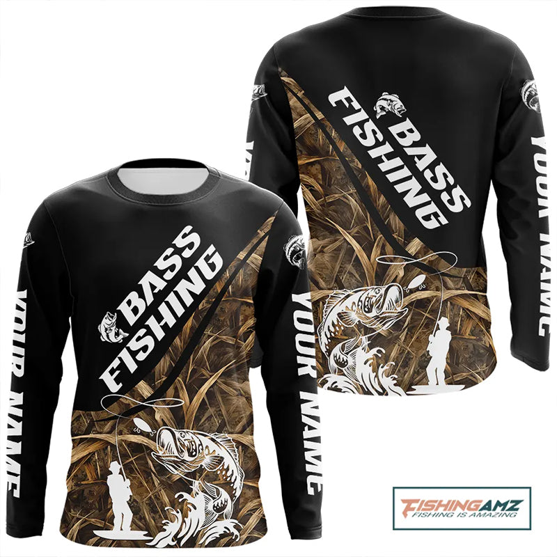 Personalized Largemouth Bass Tatto Grass Camo Customized Long Fishing Tournament Shirts NBT355