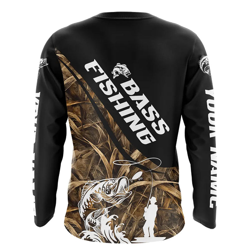 Personalized Largemouth Bass Tatto Grass Camo Customized Long Fishing Tournament Shirts NBT355