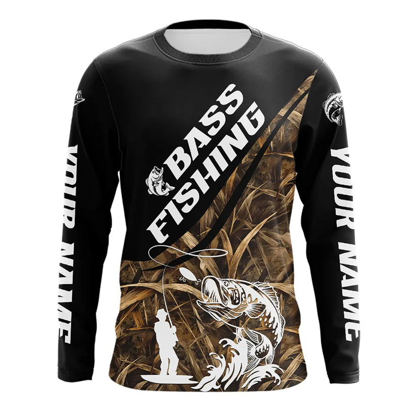 Personalized Largemouth Bass Tatto Grass Camo Customized Long Fishing Tournament Shirts NBT355