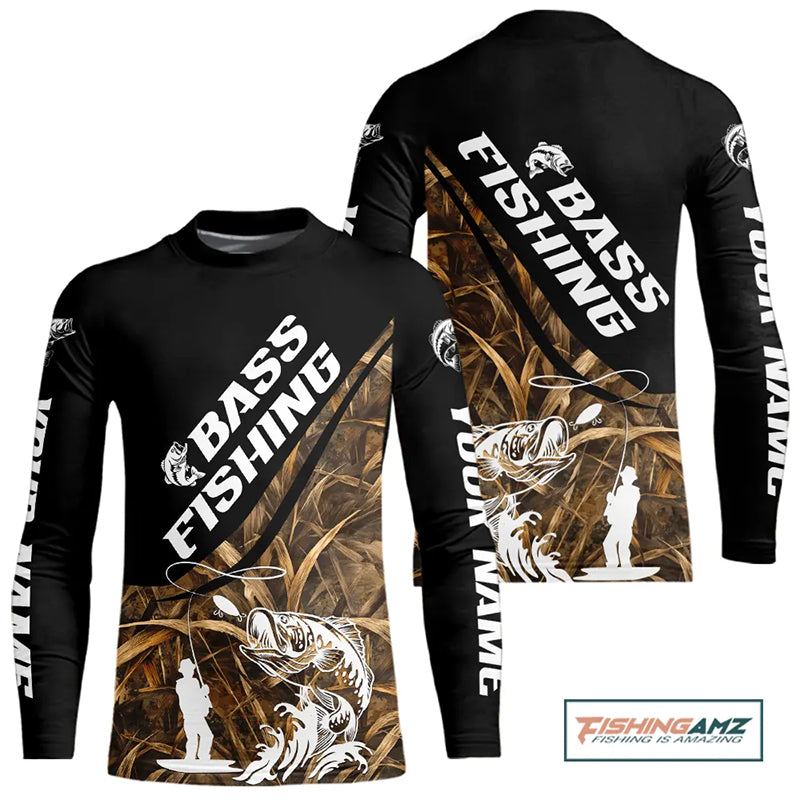 Personalized Largemouth Bass Youth Fishing Shirts Tatto Grass Camo Customized Fishing Tournament Shirts NBT355
