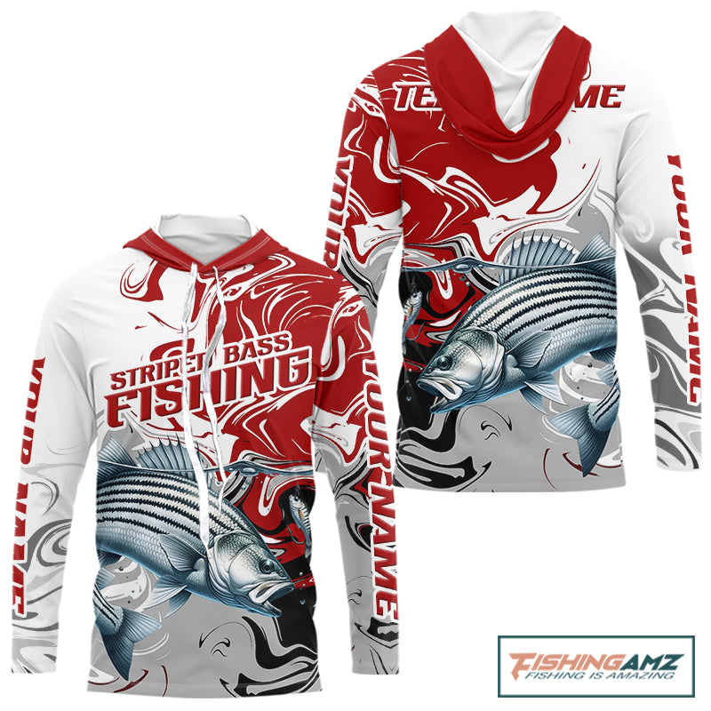 Red Camo Striped Bass Fishing Hooded Custom Shirts, Striped Bass Team Fishing Jerseys NBT1030