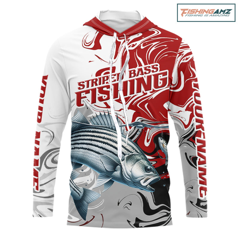 Red Camo Striped Bass Fishing Hooded Custom Shirts, Striped Bass Team Fishing Jerseys NBT1030
