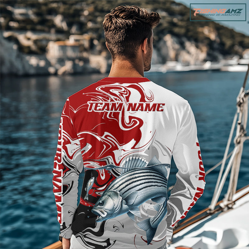 Red Camo Striped Bass Fishing Custom Shirts, Striped Bass Team Fishing Jerseys NBT1030