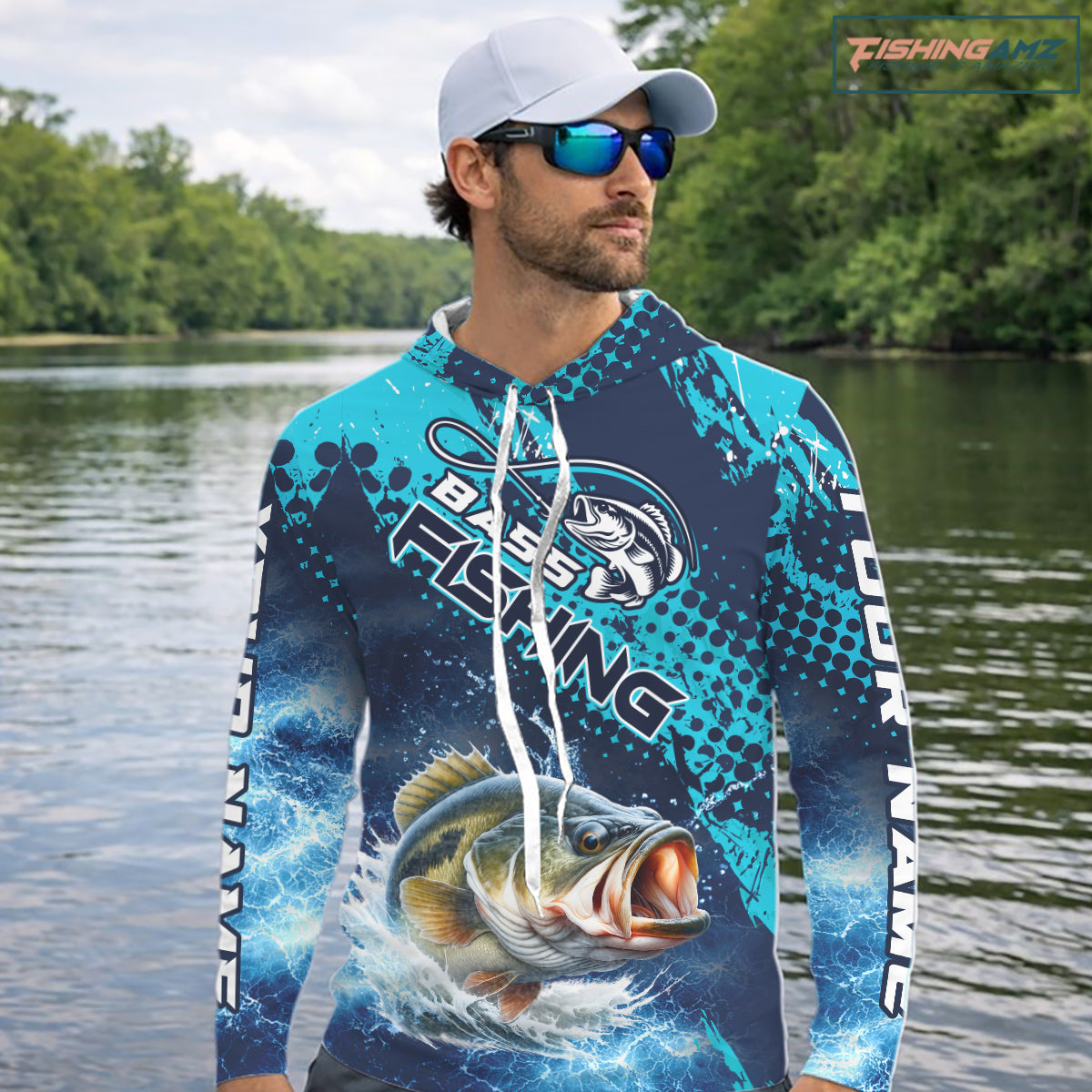 Thunder Lightning Bass Fishing Tournament Shirts with Hood Blue Camo, Custom Bass Fishing Shirts For Men NBT448