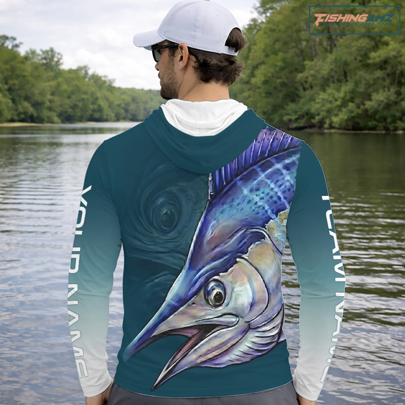 Angler wearing patriotic American Flag Marlin long sleeve hooded fishing shirt on boat