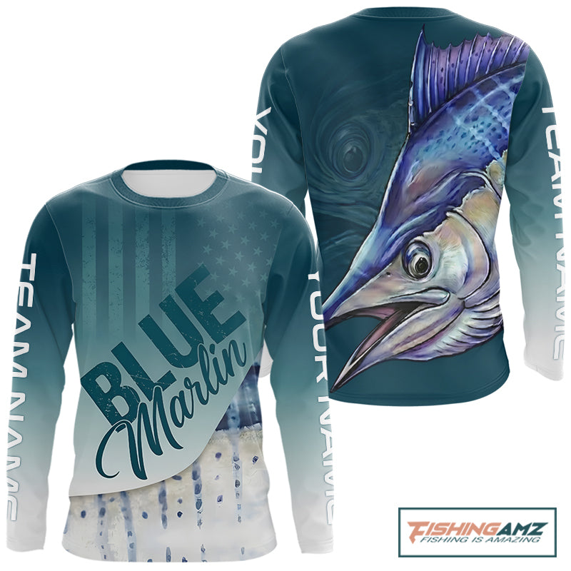 Front and back view of American Flag Marlin patriotic fishing jersey with personalized name on sleeves