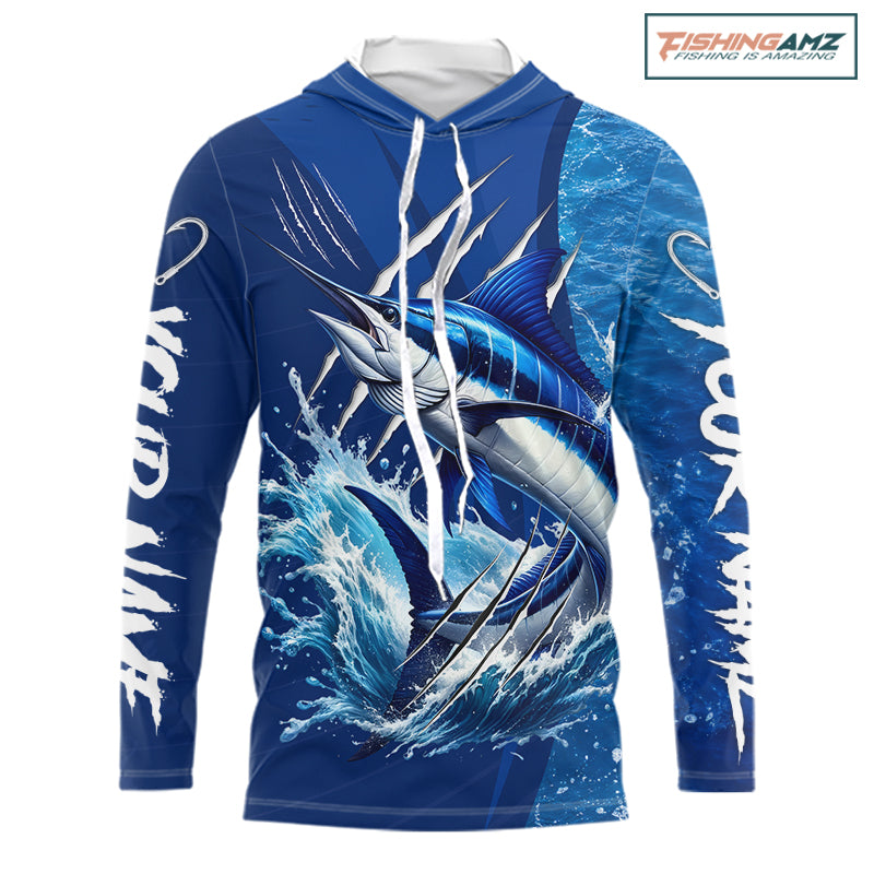 Marlin Fishing Custom Long Sleeve Hooded Performance Fishing Shirts, Marlin Saltwater Fishing Shirt NBT720