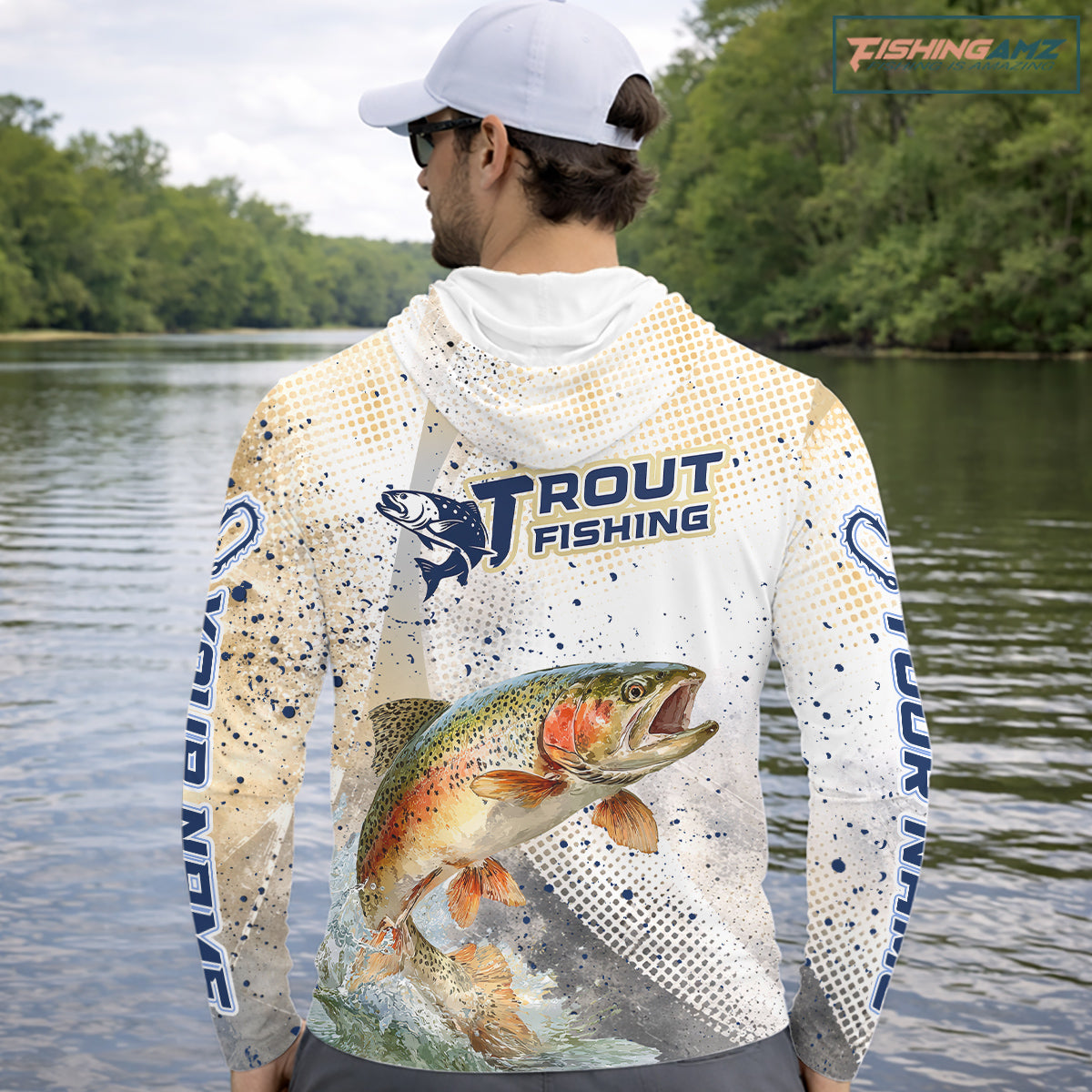 Rainbow Trout Fishing Shirts Long Sleeve Hooded Gray Beige Camo, Trout UPF Fishing Shirts NBT414