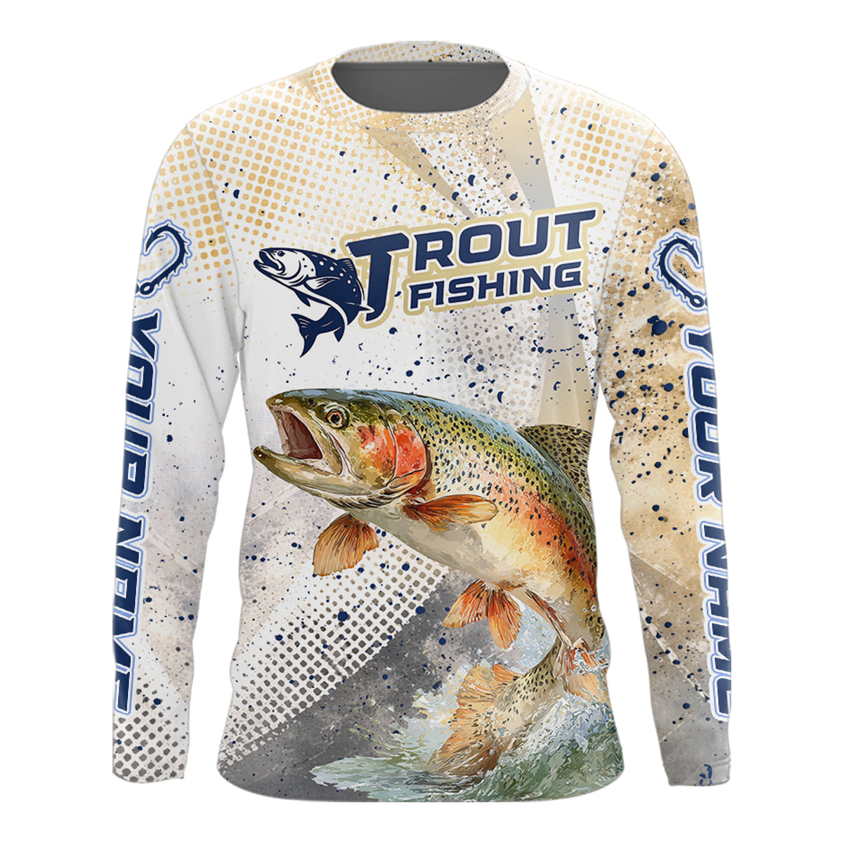 Rainbow Trout Fishing Shirts Long Sleeve Gray Beige Camo, Trout UPF Fishing Shirts NBT414