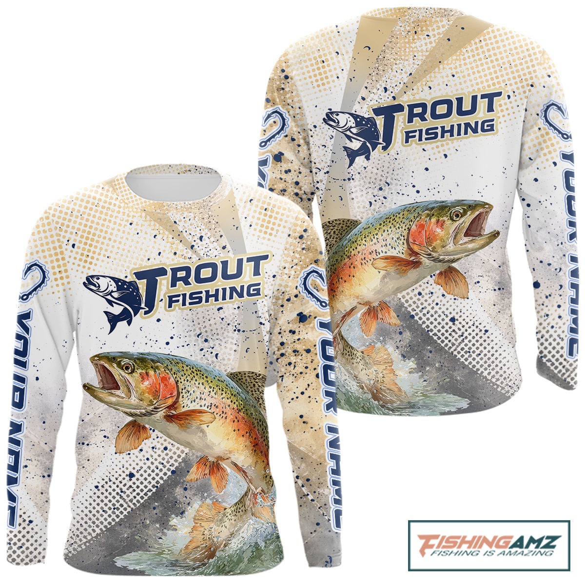 Rainbow Trout Fishing Shirts Long Sleeve Gray Beige Camo, Trout UPF Fishing Shirts NBT414