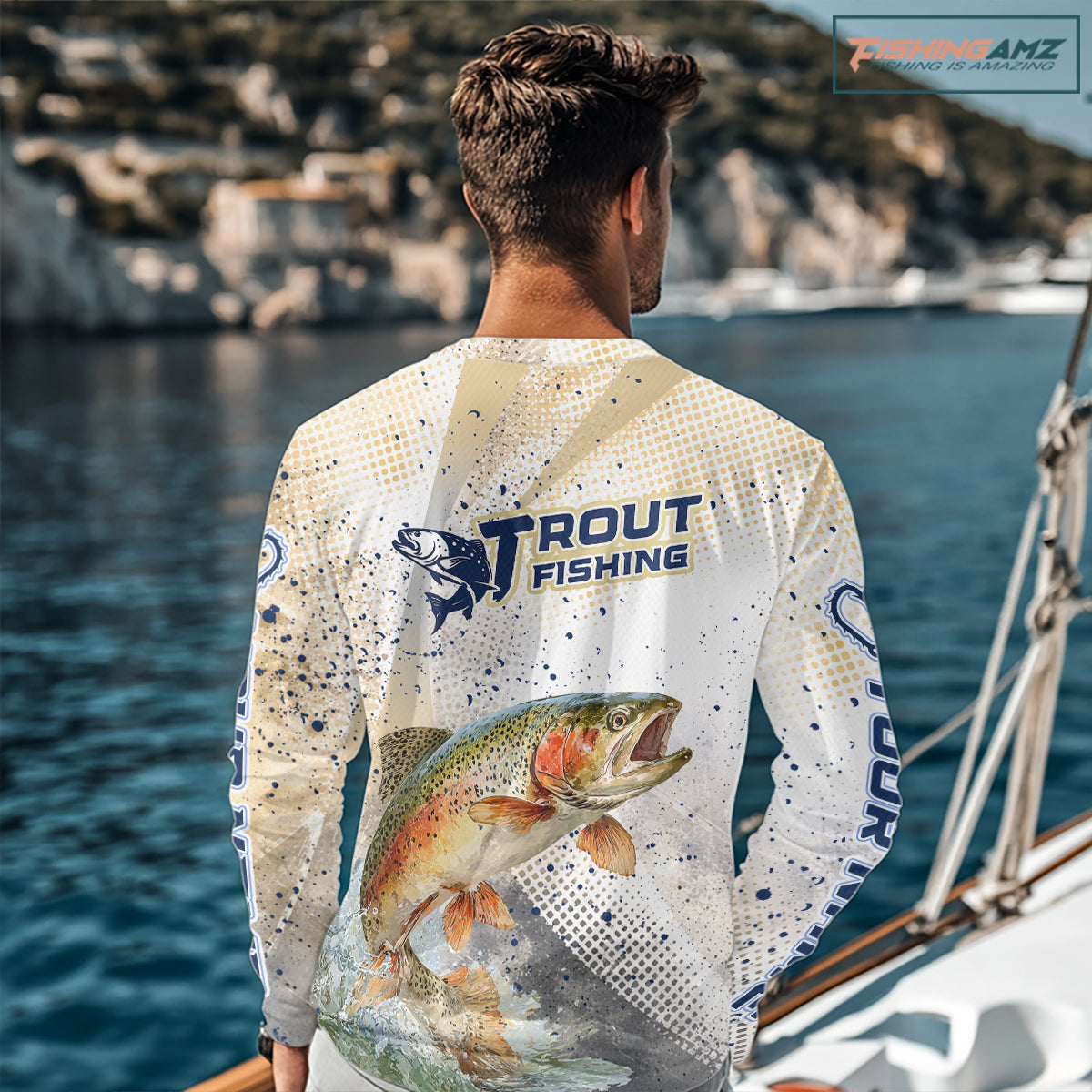 Rainbow Trout Fishing Shirts Long Sleeve Gray Beige Camo, Trout UPF Fishing Shirts NBT414