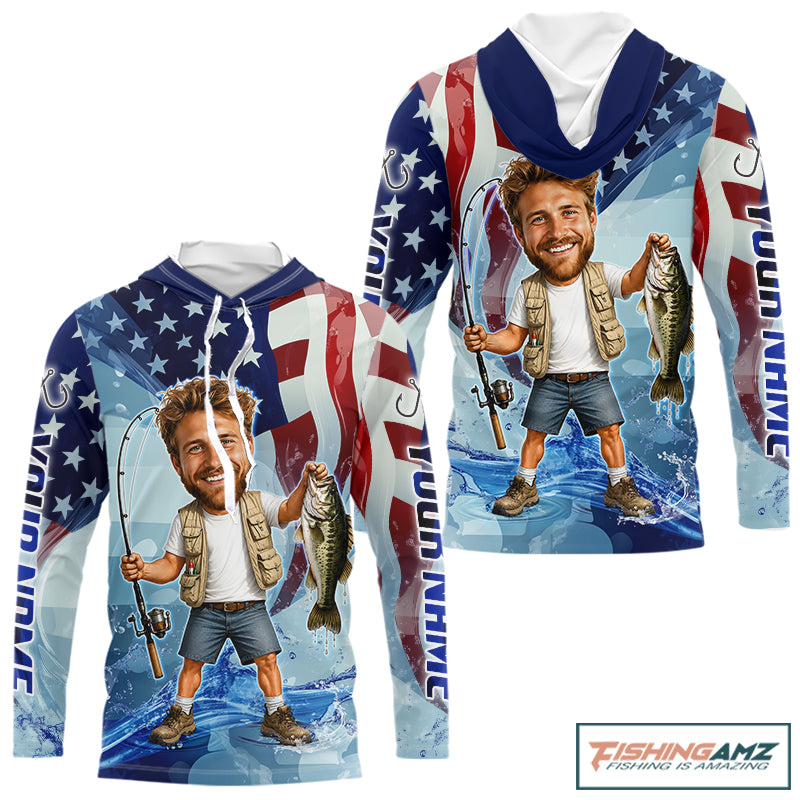 Custom Photo Funny Bass Fishing Shirts Long Sleeve Hooded American Flag For Men, Funny Bass Fishing Team|Blue NBT730