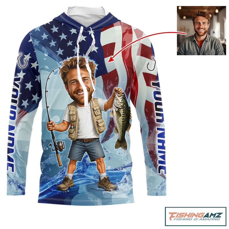 Custom Photo Funny Bass Fishing Shirts Long Sleeve Hooded American Flag For Men, Funny Bass Fishing Team|Blue NBT730