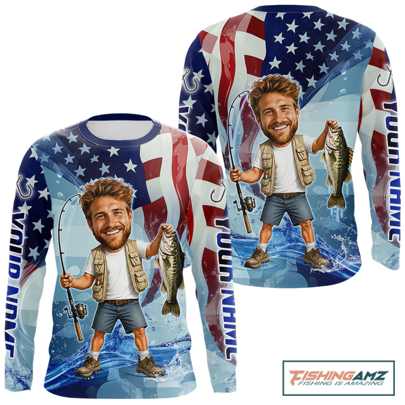Custom Photo Funny Bass Fishing Shirts Long Sleeve American Flag For Men, Funny Bass Fishing Team|Blue NBT730