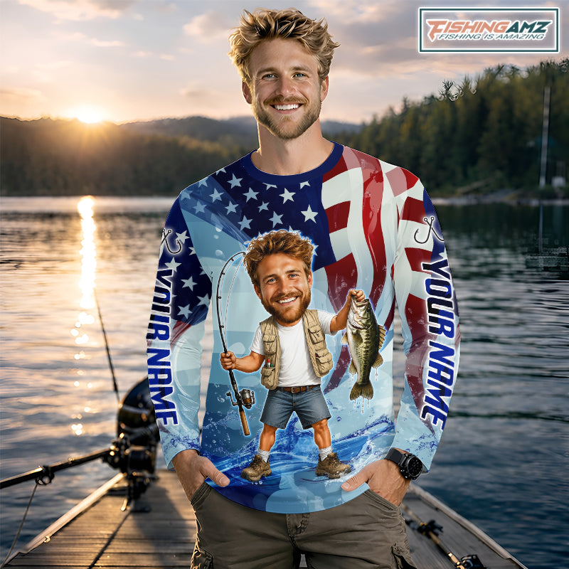Custom Photo Funny Bass Fishing Shirts Long Sleeve American Flag For Men, Funny Bass Fishing Team|Blue NBT730