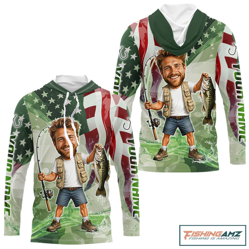 Custom Photo Funny Bass Long Sleeve Hooded Fishing Shirts American Flag For Men, Funny Bass Fishing Team|Green NBT731