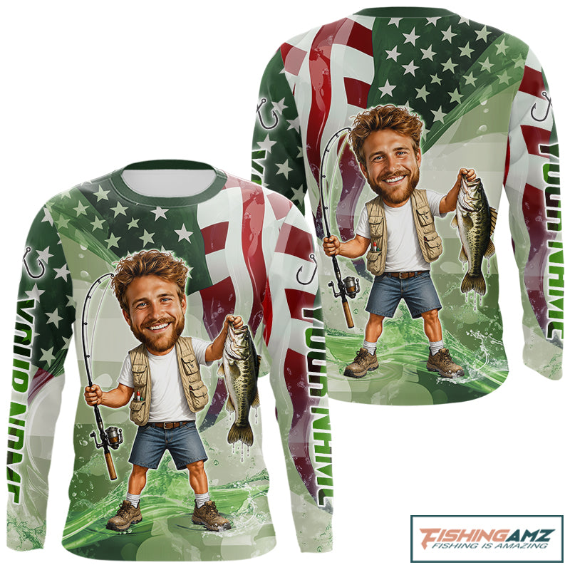 Custom Photo Funny Bass Fishing Shirts Long Sleeve American Flag For Men, Funny Bass Fishing Team|Green NBT731