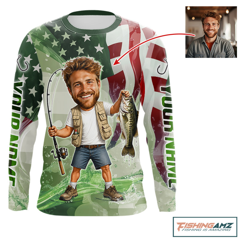 Custom Photo Funny Bass Fishing Shirts Long Sleeve American Flag For Men, Funny Bass Fishing Team|Green NBT731