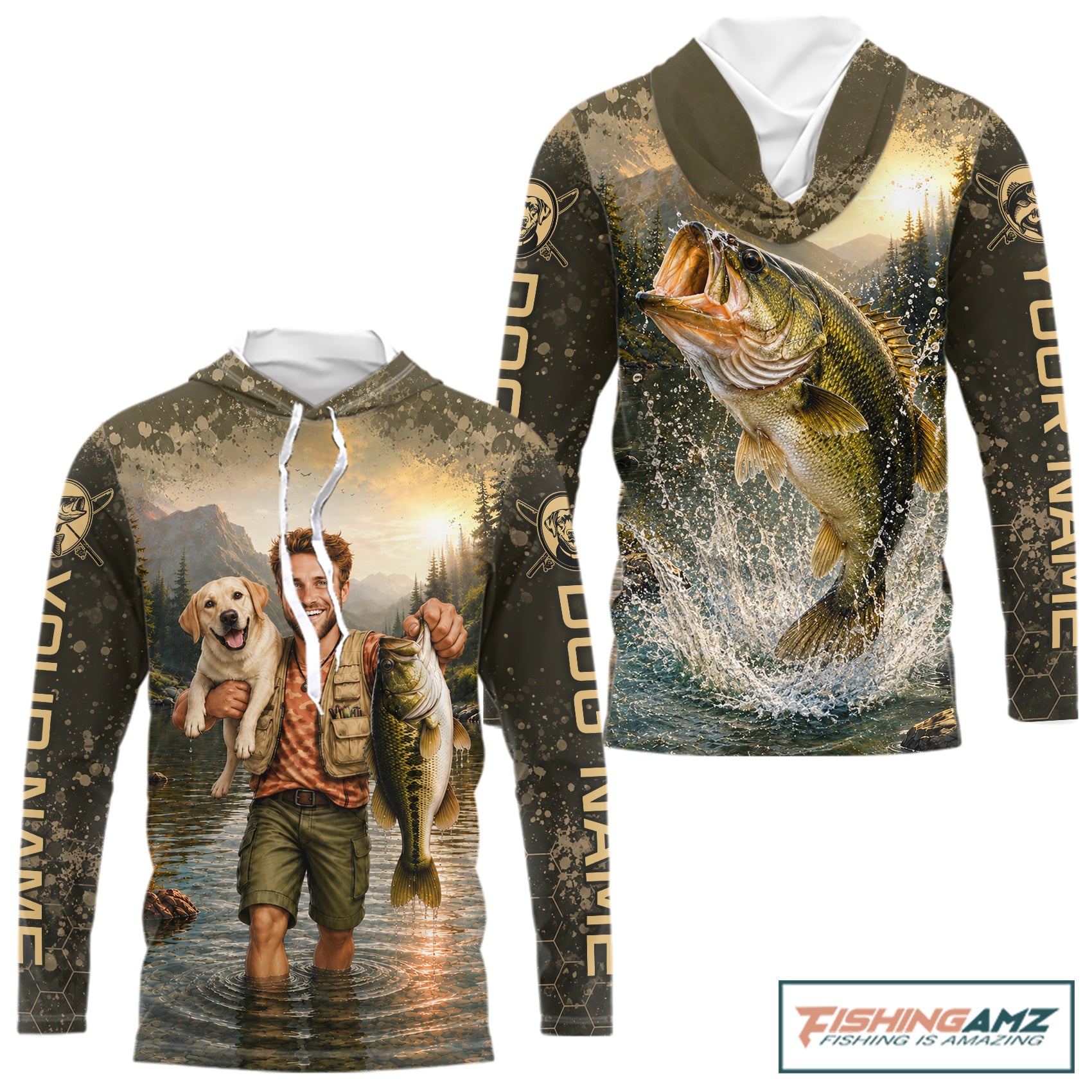 Custom Photo Bass And Dog Fishing Shirts Long Sleeve Hooded For Men, Sun Protection Shirts NBT734