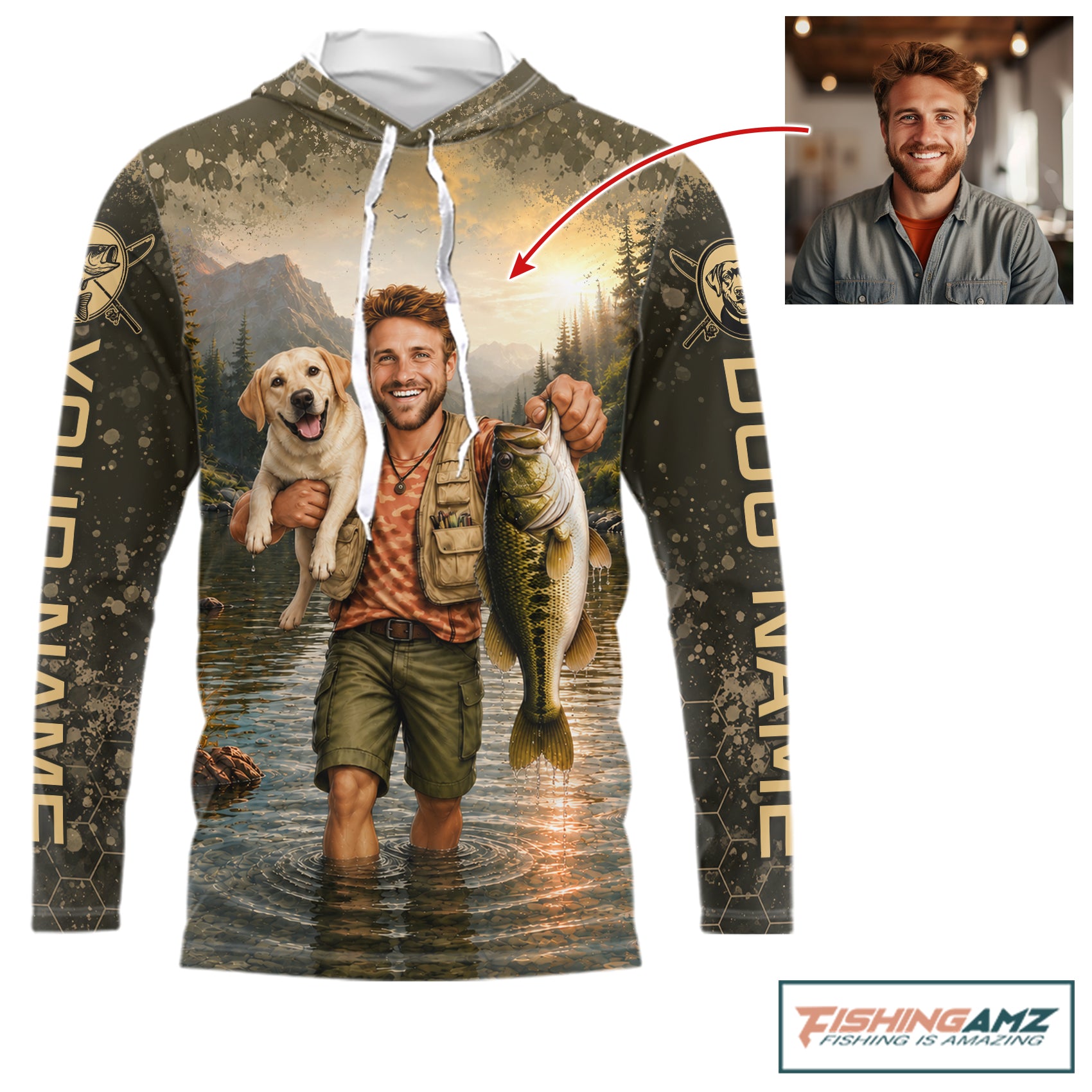Custom Photo Bass And Dog Fishing Shirts Long Sleeve Hooded For Men, Sun Protection Shirts NBT734