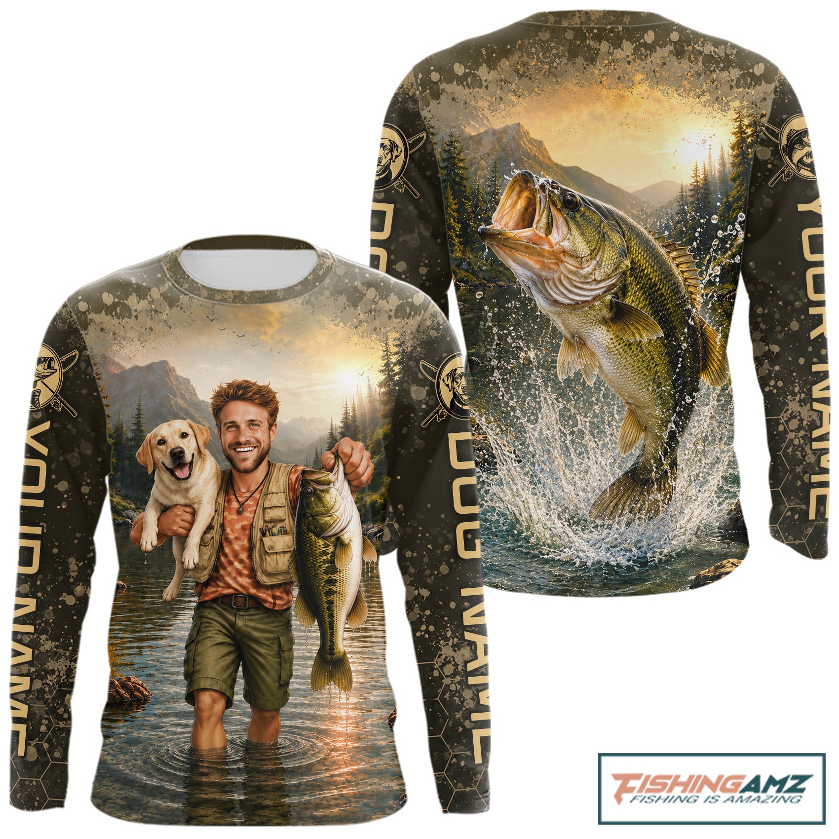Custom Photo Bass And Dog Fishing Shirts Long Sleeve For Men, Sun Protection Shirts NBT734