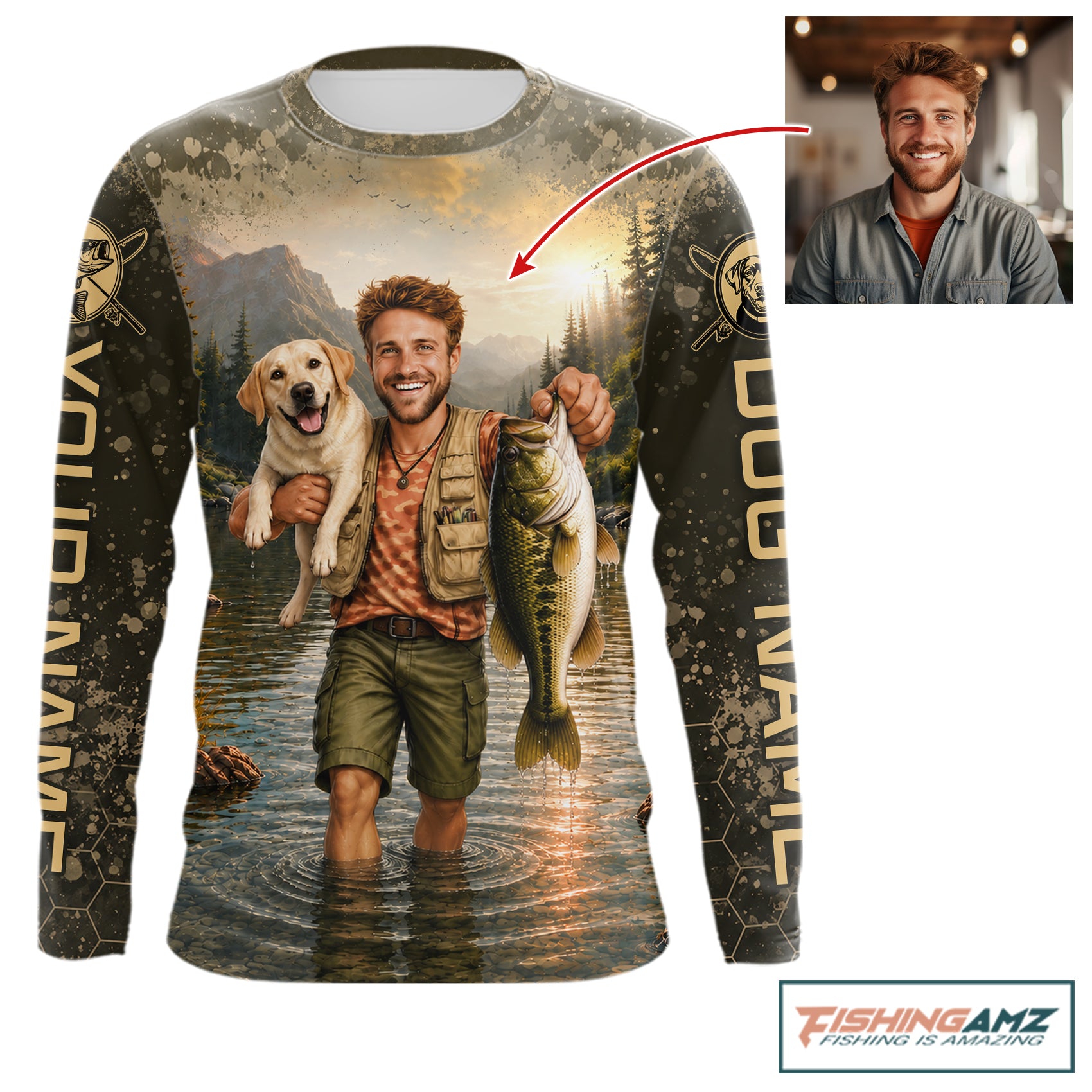 Custom Photo Bass And Dog Fishing Shirts Long Sleeve For Men, Sun Protection Shirts NBT734