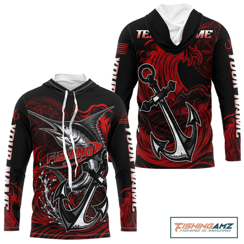 Front and back view of Marlin Saltwater Fishing Shirt custom ocean camo long sleeve hooded UPF Marlin fishing shirt 