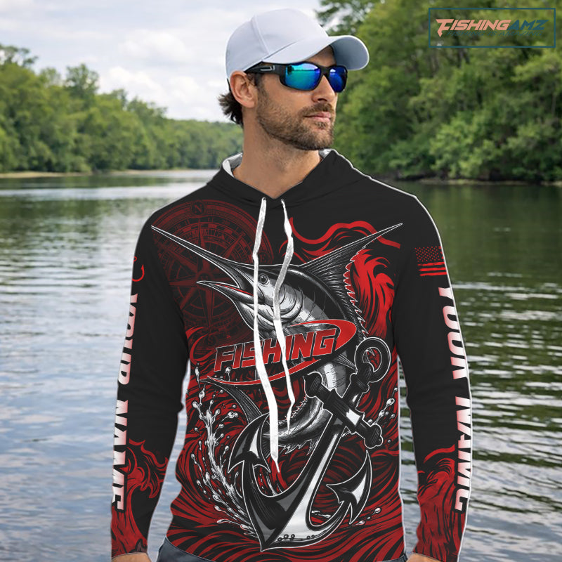 Angler wearing Marlin Saltwater Fishing Shirt custom ocean camo long sleeve hooded UPF on boat offshore tournament fishing