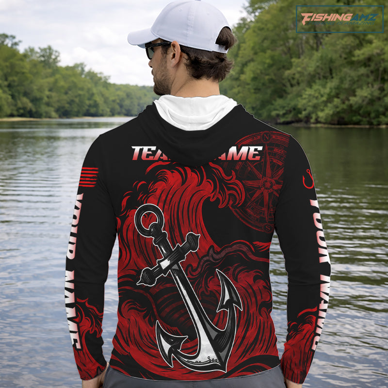 Angler wearing Marlin Saltwater Fishing Shirt custom ocean camo long sleeve hooded UPF on boat offshore tournament fishing with custom team name on the back