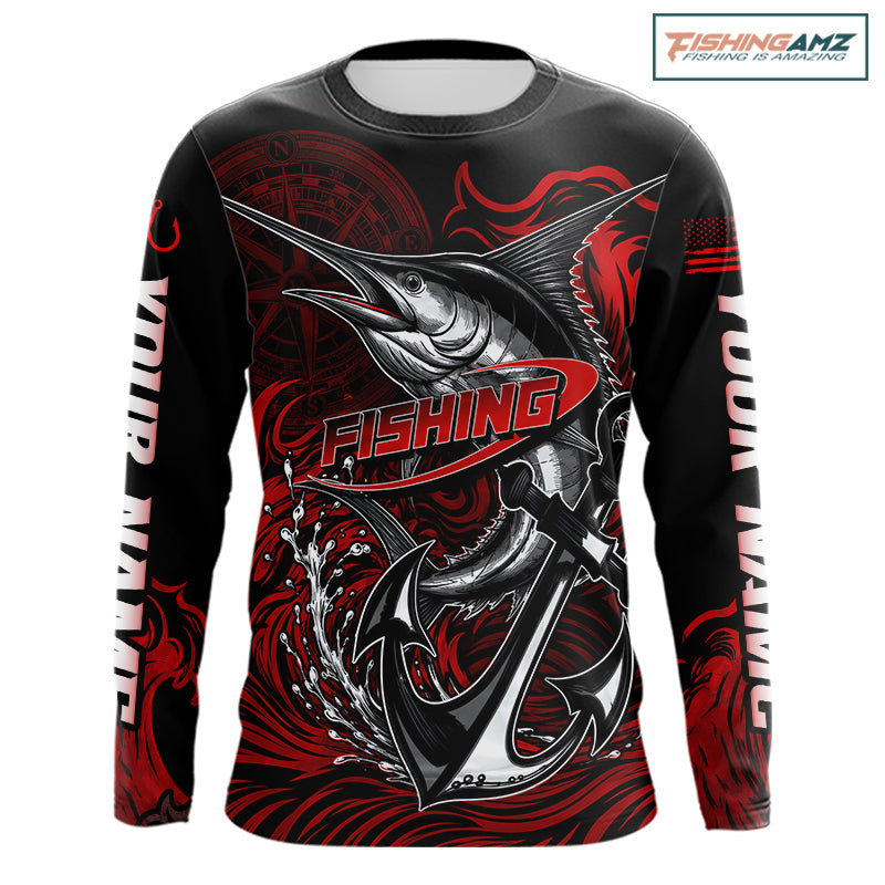 Front view of Marlin Saltwater Fishing Shirt custom ocean camo long sleeve hooded UPF Marlin fishing shirt