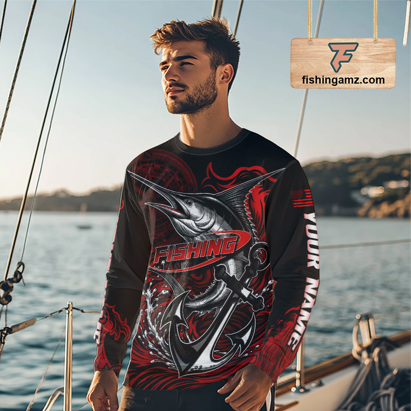 Angler wearing Marlin Saltwater Fishing Shirt custom ocean camo long sleeve UPF on boat offshore tournament fishing